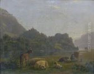 Berger Et Son Troupeau En Bord De Riviere by Jean-Jacques De Boissieu