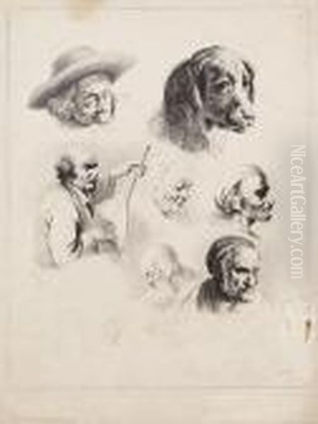 Studienblatt Mit Gitarre Spielender Halbfigur, Mannerkopfen Und Einem Hund - view 1