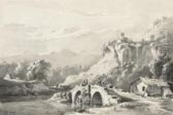 An Extensive Mountainous
Landscape With Travellers On A Bridge By A Cottage, A Town Seen Beyond - view 1