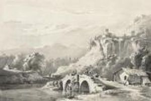 An Extensive Mountainous
Landscape With Travellers On A Bridge By A Cottage, A Town Seen Beyond by Jean-Jacques De Boissieu