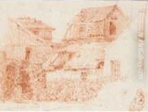 View Of Farm Buildings With A Couple Seated In The Foreground by Jean-Jacques De Boissieu