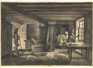 An Interior With Two Men Looking Out A Window, Another Entering Theroom