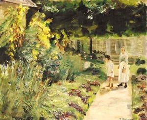 Die Enkelin des Kanstlers mit ihrem Kindermadchen im Nutzgarten des Landhauses in Wannsee