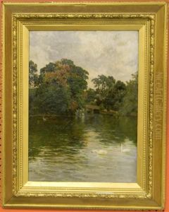 Oil On Canvas Landscape Of Swans In A Pond by Alfred de Breanski