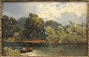 Fisherman On River Landscape by Alfred de Breanski