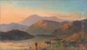 An Extensive Highland Landscape At Sunset With Cattle Watering In The Foreground by Alfred de Breanski