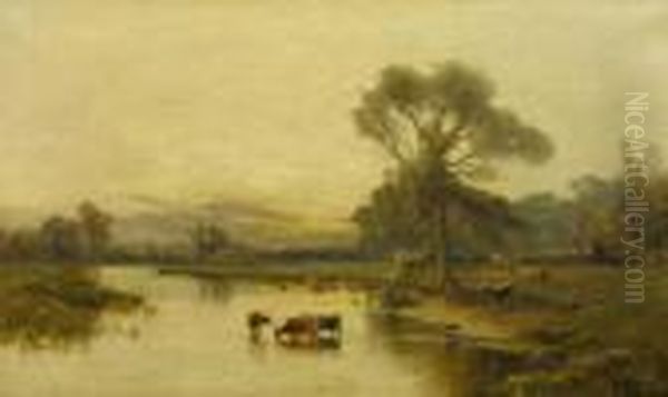 Cattle Watering In A River Landscape - view 1
