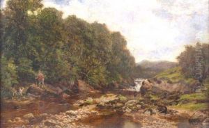On The River Llugwy, North Wales, And Man With His Dog. Signed Anddated 1889 by Alfred de Breanski