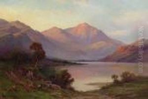 Sunset In The Highlands, With Cattle Watering And Mountainsbeyond by Alfred de Breanski