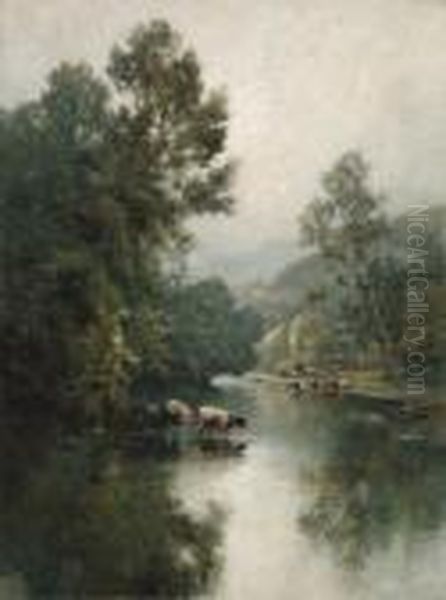 Cattle Watering In A Wooded Landscape - view 1