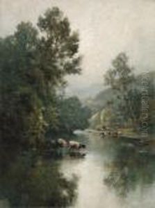 Cattle Watering In A Wooded Landscape by Alfred de Breanski