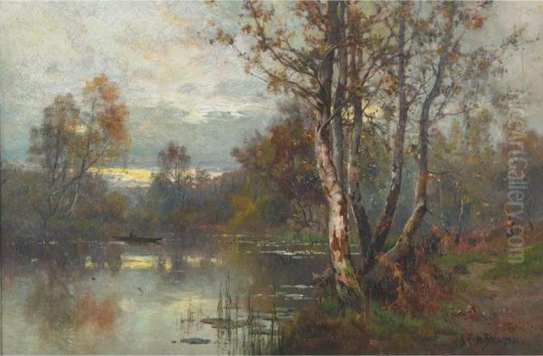 A Quiet River View With Boatman And Figure On Shore - view 1