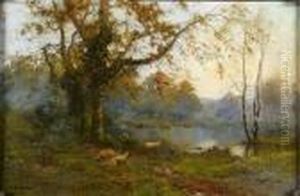 Sheep Grazing By A Lake, Autumn by Alfred Fontville De Breanski