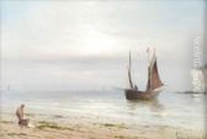 Fishing Boat Off The Shore And Figure On A Beach by Gustave de Breanski