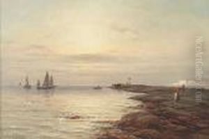 Fishing Off Rocks - Chalk Cliffs Beyond by Gustave de Breanski