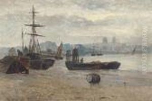 Beached Ships With A Townscape In The Distance by Gustave de Breanski