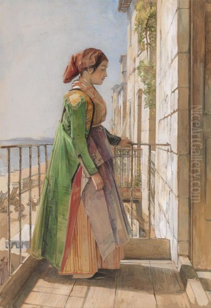 A Greek Girl Standing on a Balcony - view 1