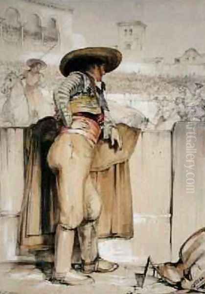 A bullfighter watches from behind the barricade - view 1