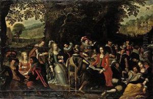 An Elegant Company Dining And Making Music In A Garden by Louis de Caullery