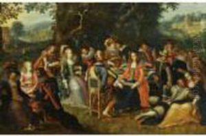 An Elegant Company Dining And Making Music In A Forest Landscape by Louis de Caullery