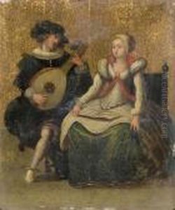 An Elegant Couple Playing Music In An Interior by Louis de Caullery