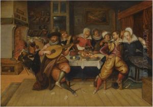 An Elegant Company Making Merry In An Interior by Louis de Caullery
