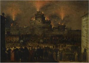 Rome, A View Of Castel
Sant'angelo With Figures Revelling Outdoors,with Fireworks And A
Catherine Wheel Above Them by Louis de Caullery