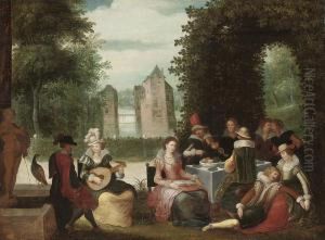 Elegant Company Making Music In A Garden With A River Beyond by Louis de Caullery