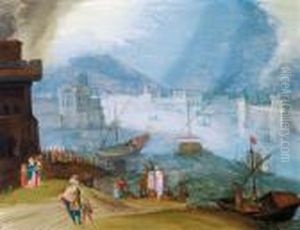 Veduta Del Bacino Di San Marco 
Con Unavenezia Immaginaria Con La Piazzetta E Le Due Colonne Che 
Reggonole Statue Di San Teodoro E Il Leone Di San Marco by Louis de Caullery