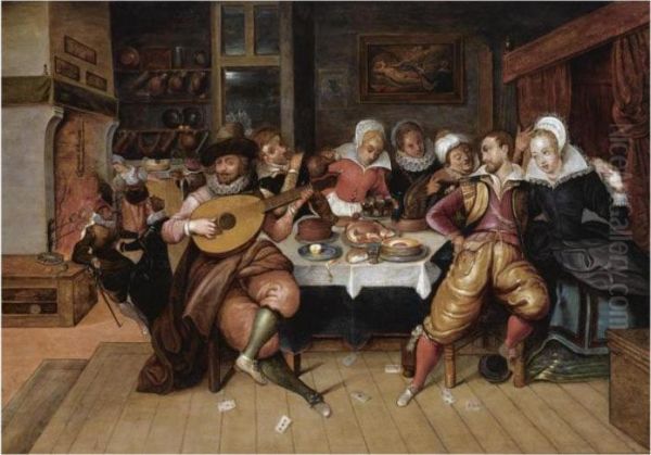 An Elegant Company Making Merry While Eating And Drinking Around A Table In An Interior - view 1
