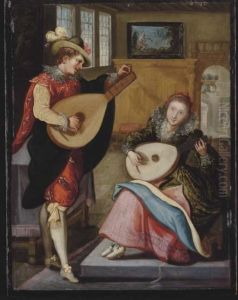 A Couple Playing The Lute In An Elegant Interior by Louis de Caullery
