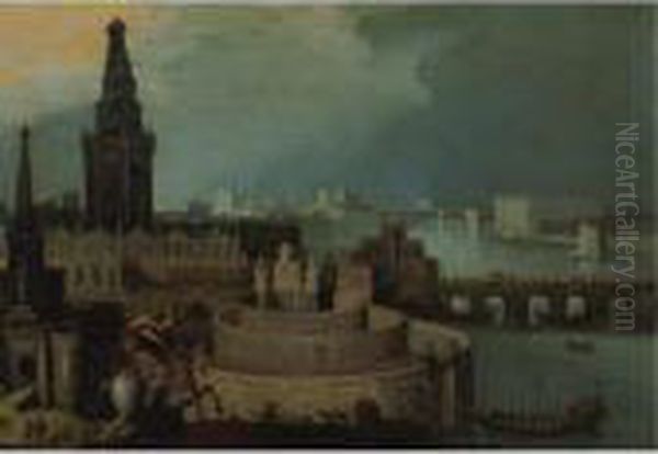 An Imaginary City By A River With A Horseman Hunting A Lion - view 1