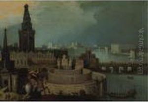 An Imaginary City By A River With A Horseman Hunting A Lion by Louis de Caullery