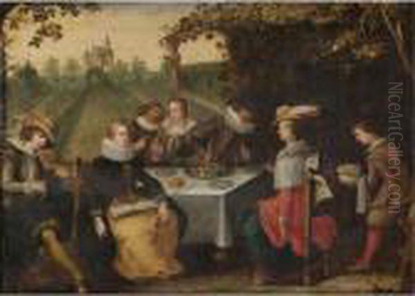An Elegant Company Dining In A Formal Garden - view 1