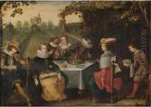 An Elegant Company Dining In A Formal Garden by Louis de Caullery