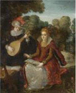 An Elegant Courting Couple In A 
Park, The Gentleman Playing A Lute And The Lady Holding A Book
