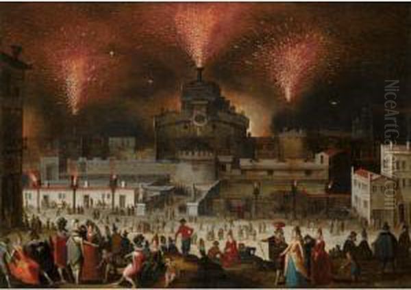 Rome, A View Of The Castel
Sant'angelo During The 'girandole' With Elegant Figures Watching And
Promenading In The Foreground - view 1