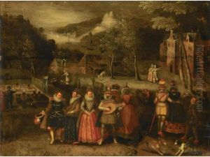 Elegant Figures Promenading And Conversing In A Parkland Setting