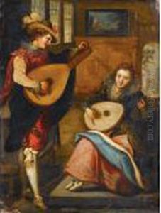 An Elegant Interior With A Lady And A Gentleman Playing Lutes