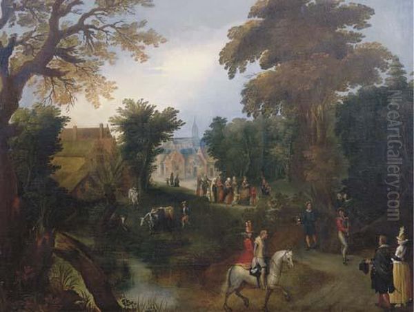A Wooded Landscape With Elegant
Company On A Path, The Procession Of The Bride In A Village Beyond - view 1