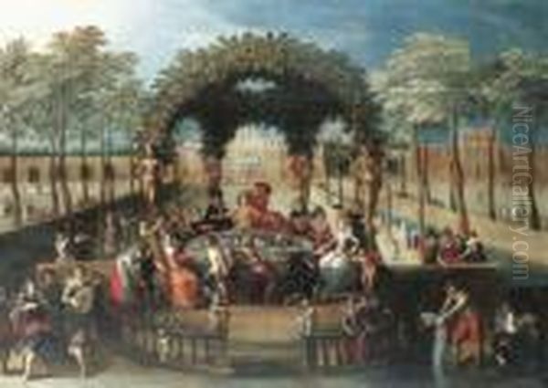Elegant Figures Dining In A Garden By A Canal - view 1