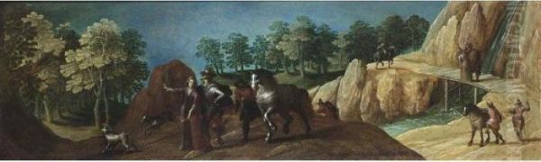 An Elegant Hunting Party In A
Wooded River Landscape, Other Figures And Horses In The Background Near A
Waterfall - view 1