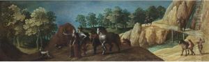 An Elegant Hunting Party In A
Wooded River Landscape, Other Figures And Horses In The Background Near A
Waterfall by Louis de Caullery