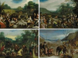 The Four Seasons, With Triumphs Of The Seasons In The Backgrounds by Louis de Caullery