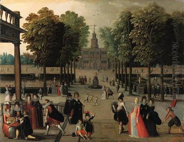 An Elegant Company In A Park With A Boating Lake And Formal Garden,a Palace Beyond - view 1