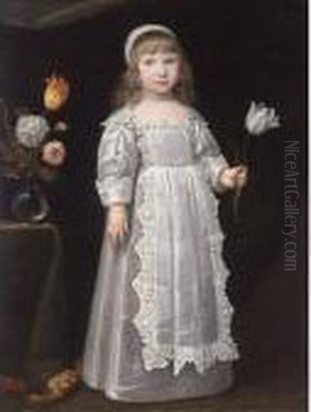 A Portrait Of A Young Girl, 
Standing Full-length, Wearing A White Dress With An Apron Set With Lace 
And A White Bonnet, Holding A Tulip In Her Left Hand, A Vase With 
Flowers Beside Her On A Table - view 1