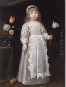 A Portrait Of A Young Girl, 
Standing Full-length, Wearing A White Dress With An Apron Set With Lace 
And A White Bonnet, Holding A Tulip In Her Left Hand, A Vase With 
Flowers Beside Her On A Table