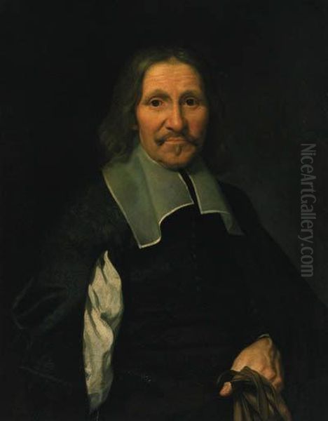 Portrait Of A Gentleman,
Half-length, In Black Costume With A Lawncollar, Holding A Pair Of
Gloves - view 1
