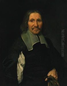 Portrait Of A Gentleman, 
Half-length, In Black Costume With A Lawncollar, Holding A Pair Of 
Gloves
