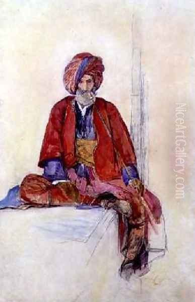 Study of a seated Turk smoking a long pipe - view 1